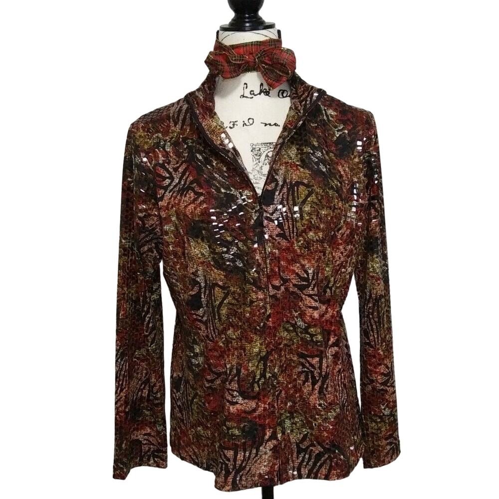 JM Collection Shiny Zippered Blazer Zip Up Top Sequins Animal Print Vintage Sz M